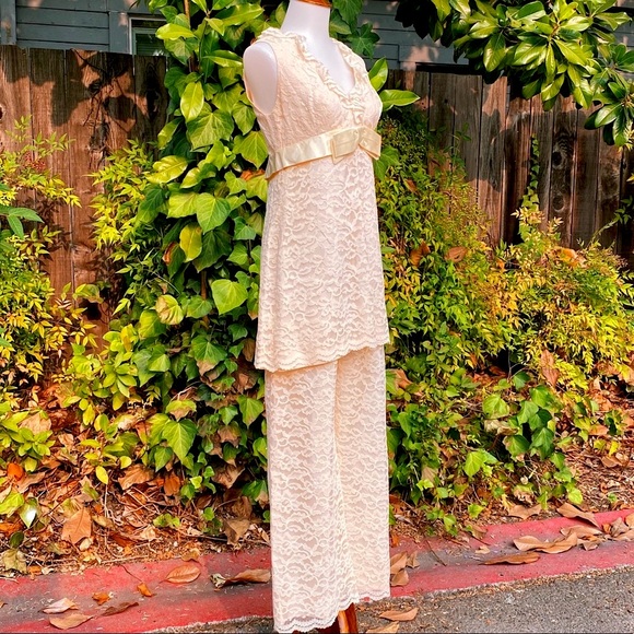 1960's Cream Lace & Satin Mini Dress & Pants Set - Picture 2 of 8